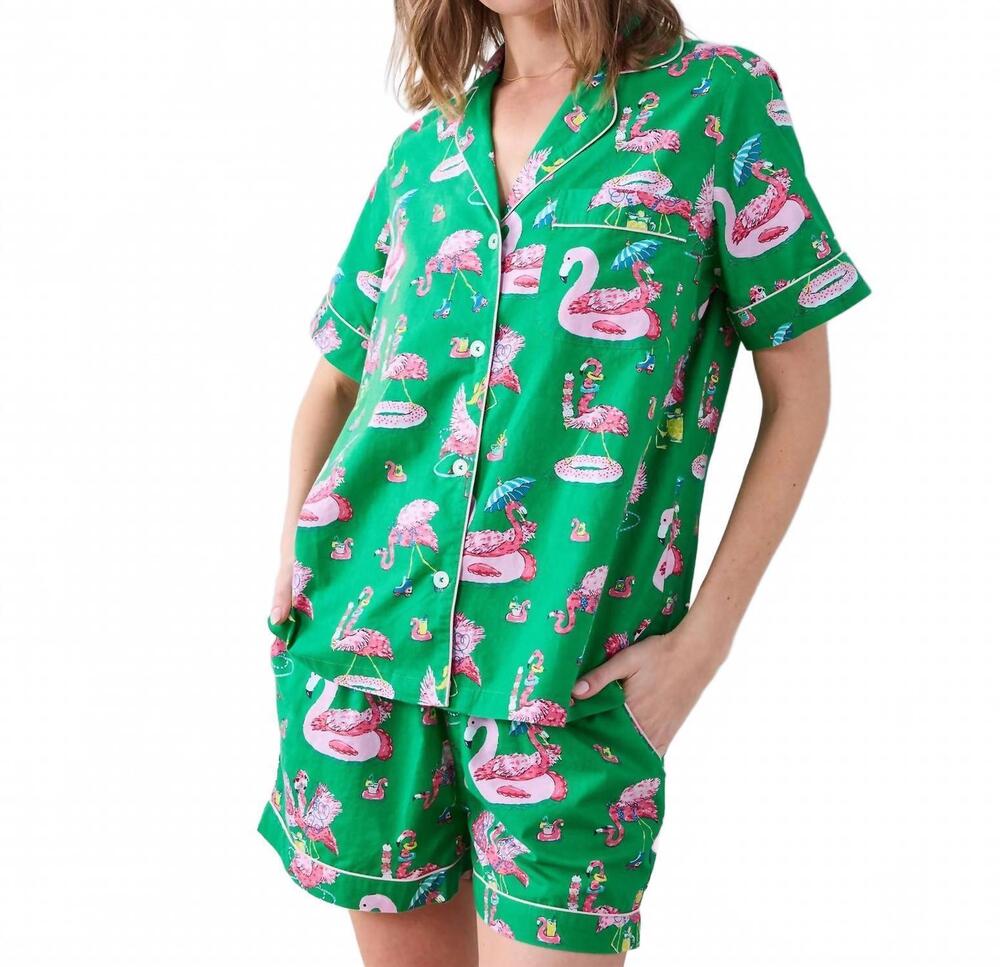 NEW PRINTFRESH flock party short pajama set in green